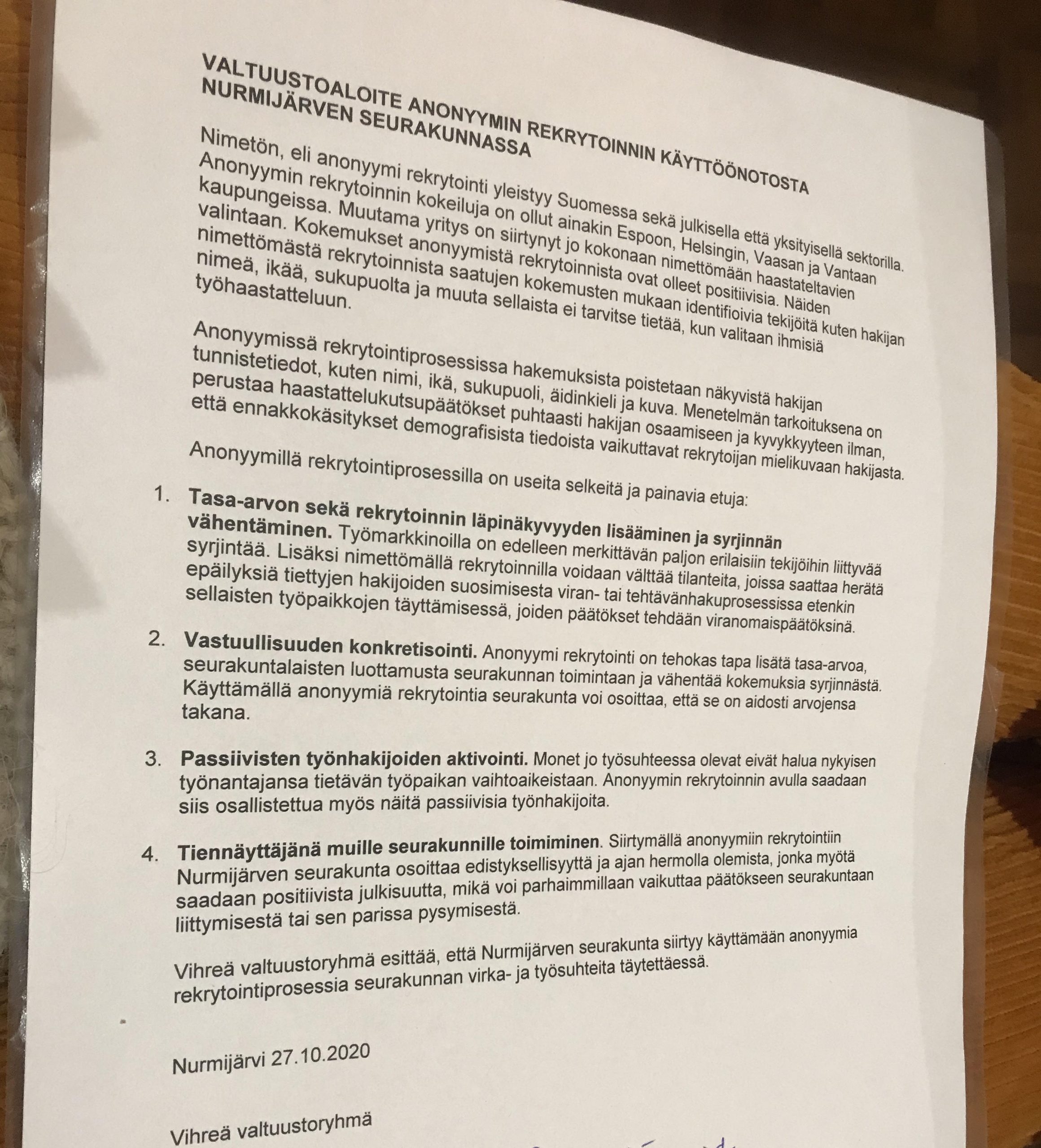 Kirkkovaltuustoaloite anonyymin rekrytoinnin käyttöönotosta Nurmijärven seurakunnassa